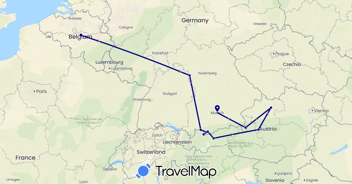 TravelMap itinerary: driving in Austria, Belgium, Germany (Europe)